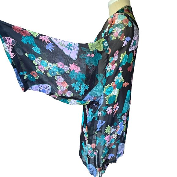 Vintage Sensu Fan Floral Print Sheer Chiffon Rayon Open Front Kimono Jacket - Picture 2 of 5